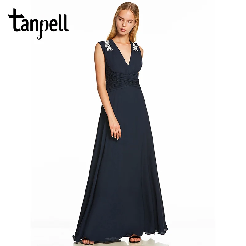 

Tanpell appliques empire evening dresses sexy black sleeveless floor length a line gown women v neck pleats formal evening dress