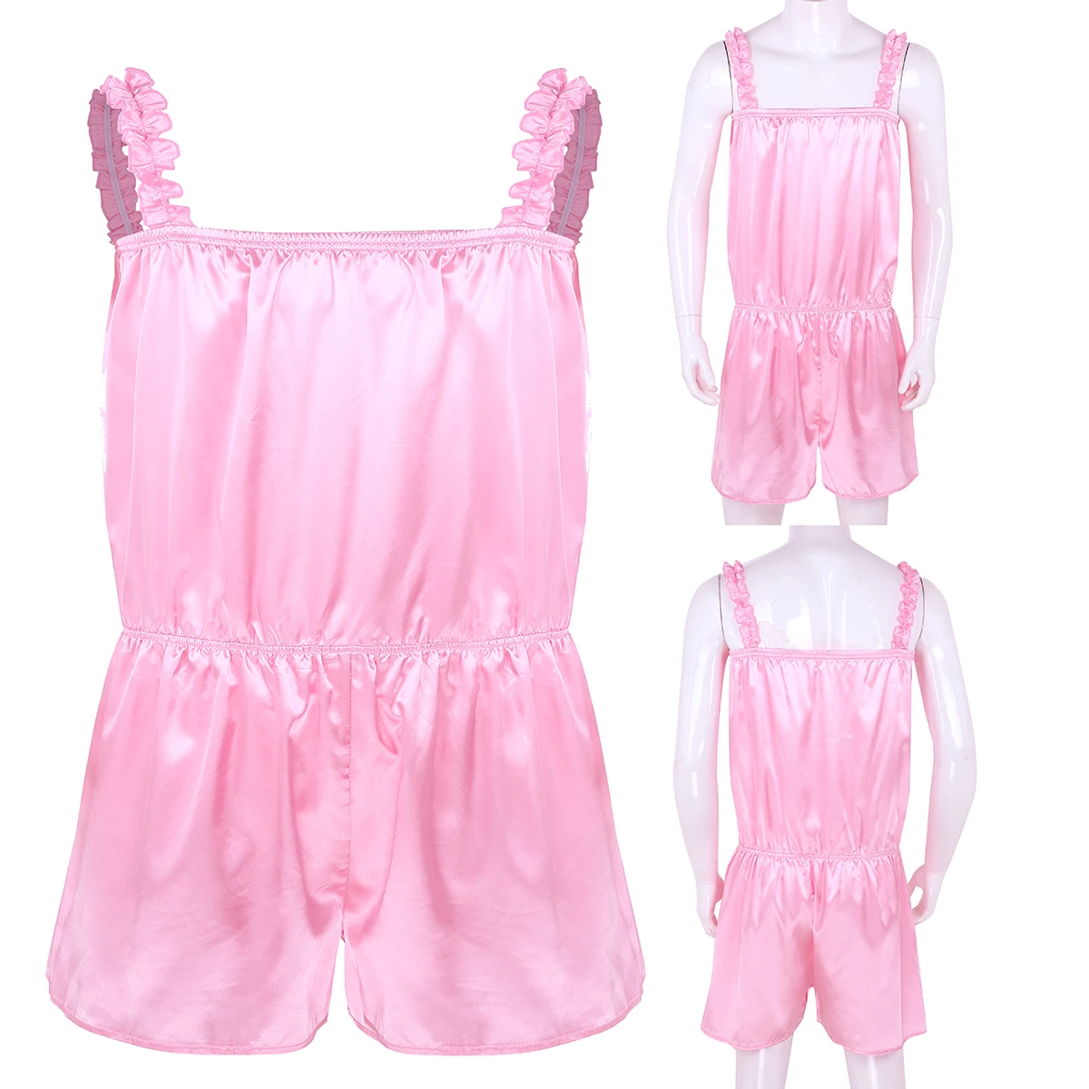Pink Мужское нижнее белье SISSY эластичные бретельки мягкие блестящие атласные брюки с оборками одежда для сна девичьи пижамы гей мужские сексуальные пижамы - Цвет: Pink