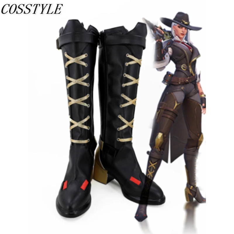 

Over watch OW Ashe Cosplay High-heeled Shoes for Women Game Cosplay Ashe High Boots Zipper Shoes Black Golden Custom Made