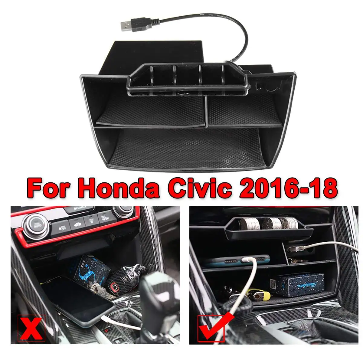 

ABS USB Inner Car Center Console Central Cellphone Card Multi Function Storage Box For Honda For Civic 2016 2017 2018