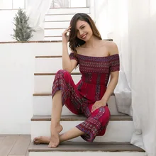 

Sumer fashion Women clothing tourism Holiday printing Jumpsuits Elastic band coat Casual Shoulder Rompers