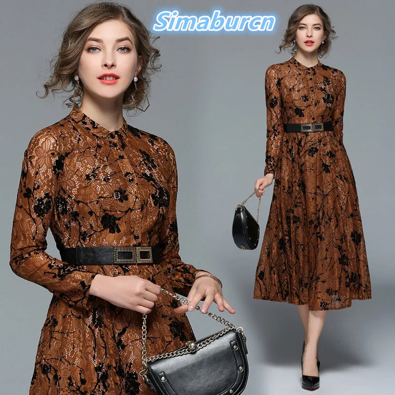Spring Women Brown Dress 2018 O Neck Female Long Lace Dress Ladies Long