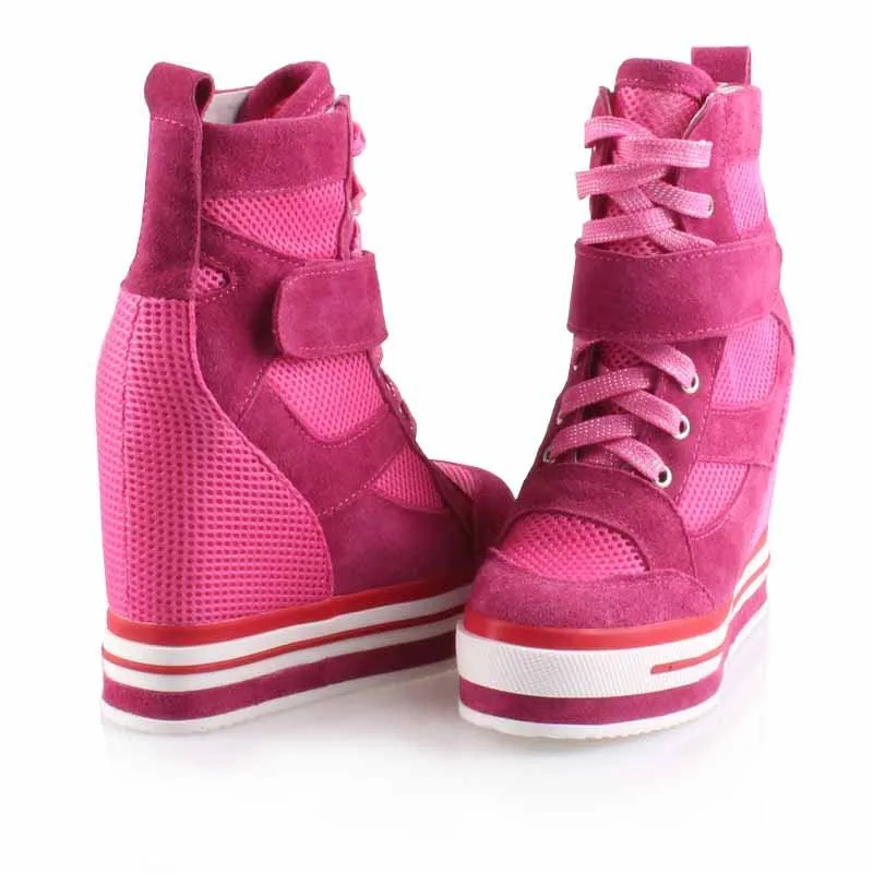Новое поступление; повседневные ботинки со шнуровкой на танкетке со скрытым высоким каблуком и дышащей сеткой; женская обувь на высокой платформе, визуально увеличивающая рост - Цвет: pink