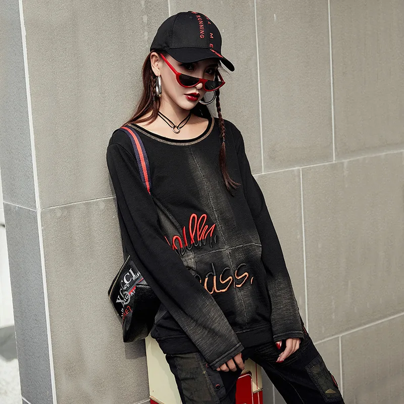 Max LuLu, Весенняя мода, сексуальные европейские топы с вышивкой для девочек, женская футболка с длинным рукавом, хлопковая футболка, Женская Повседневная футболка размера плюс - Цвет: black