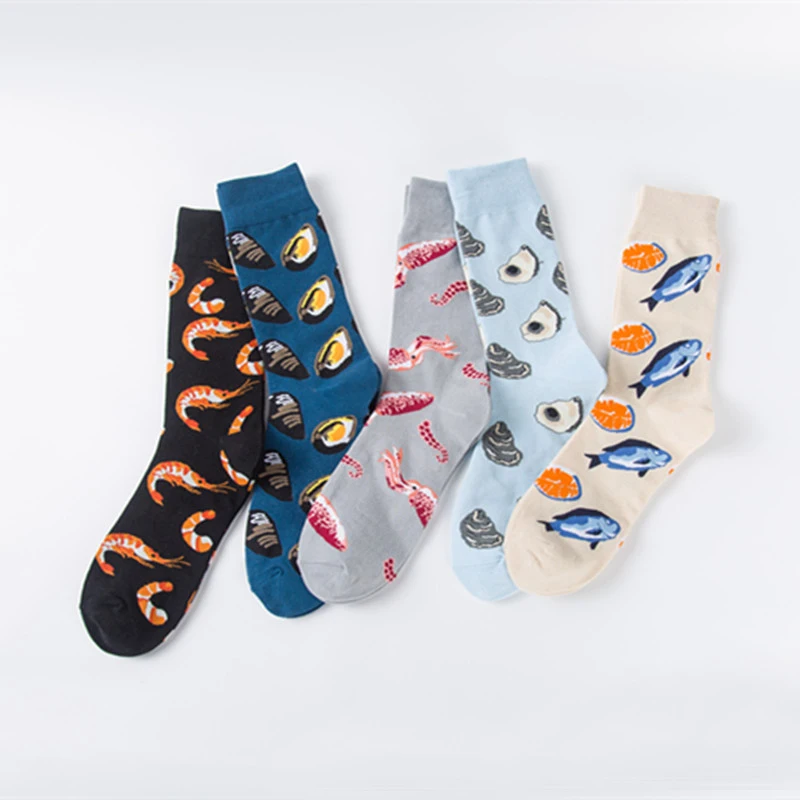 

1 Pair Fashion Men Cotton Seafood Print Socks Marine Life Fishes Shells Cod Codfish Cartoon Colorful Casual Comfort Socks Unisex