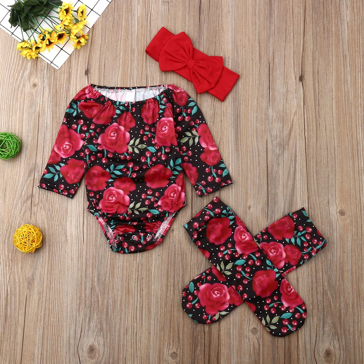 2020 New Infant Baby Girl Flower Bodysuit Jumpsuit+Socks+Headband 3Pcs Outfits Toddler Newborn Baby Girl Clothes Sets