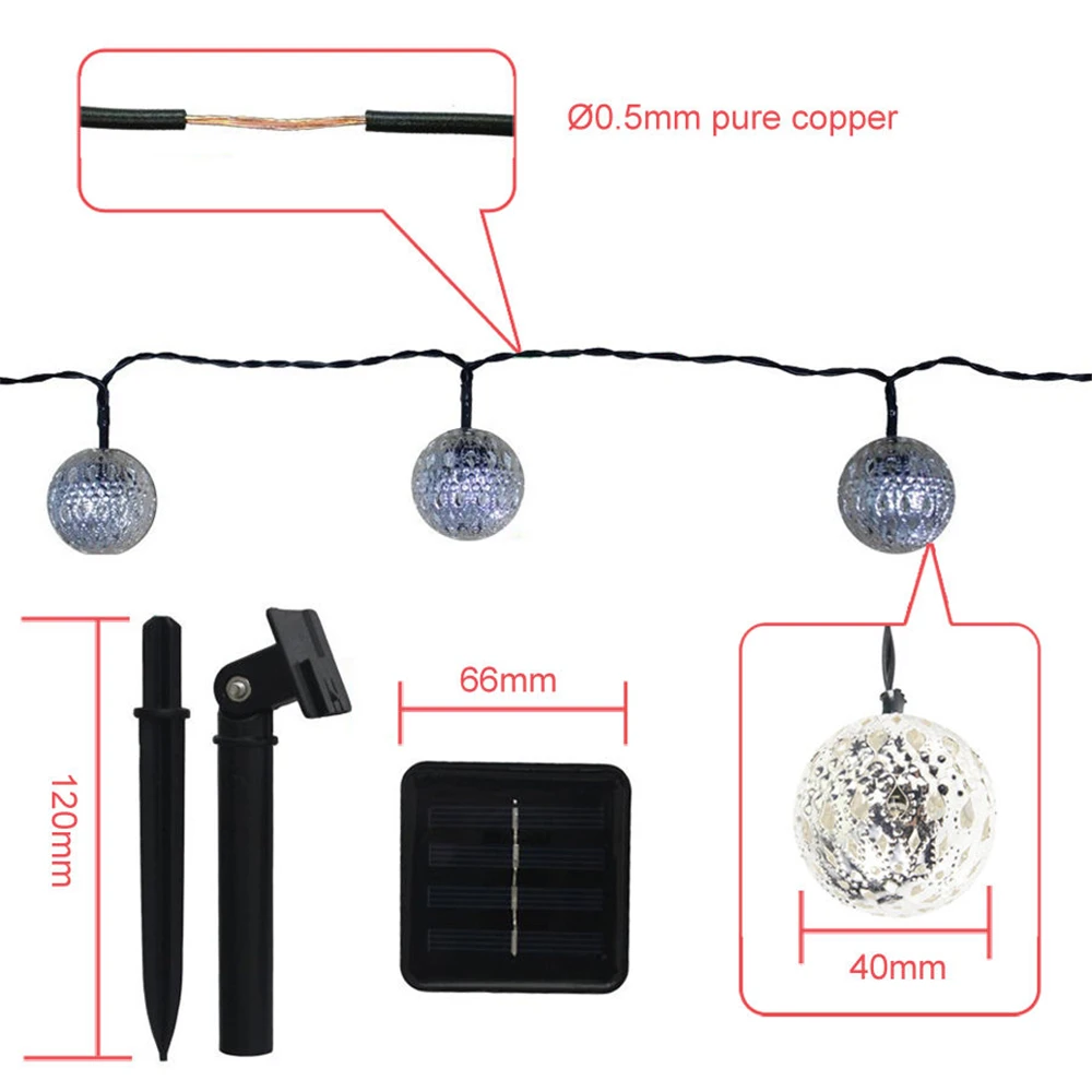 10 Светодиодный светильник на солнечных батареях в стиле ретро со стальными шариками, водонепроницаемые гирлянды для улицы, сада, патио, вечерние, свадебные, Рождественские елки