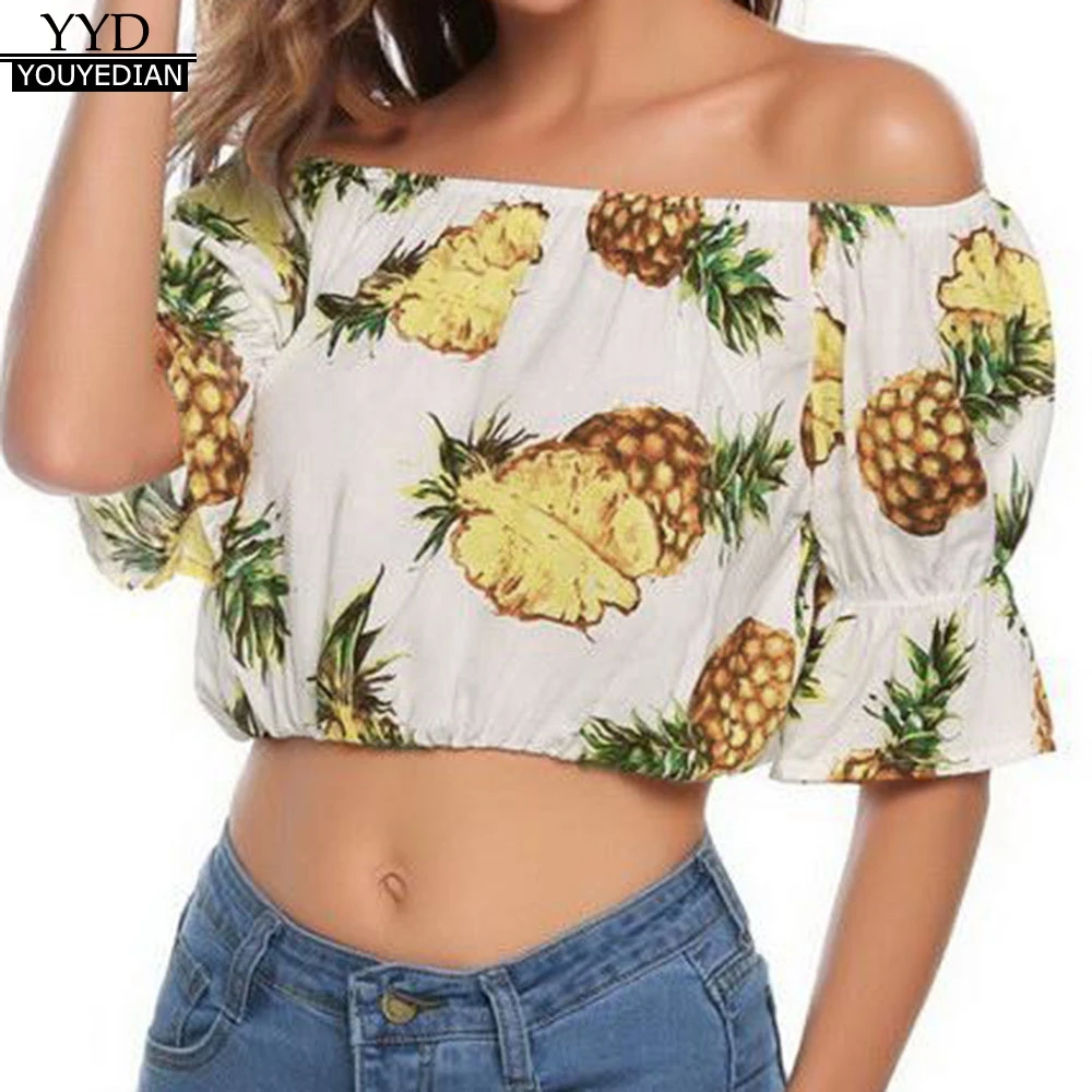 

Summer Crop Tops For Womens Tops and Blouses 2018 Boho Pineapple Print Off Shoulder Shirts Tunic Ladies Top Womens Clothing