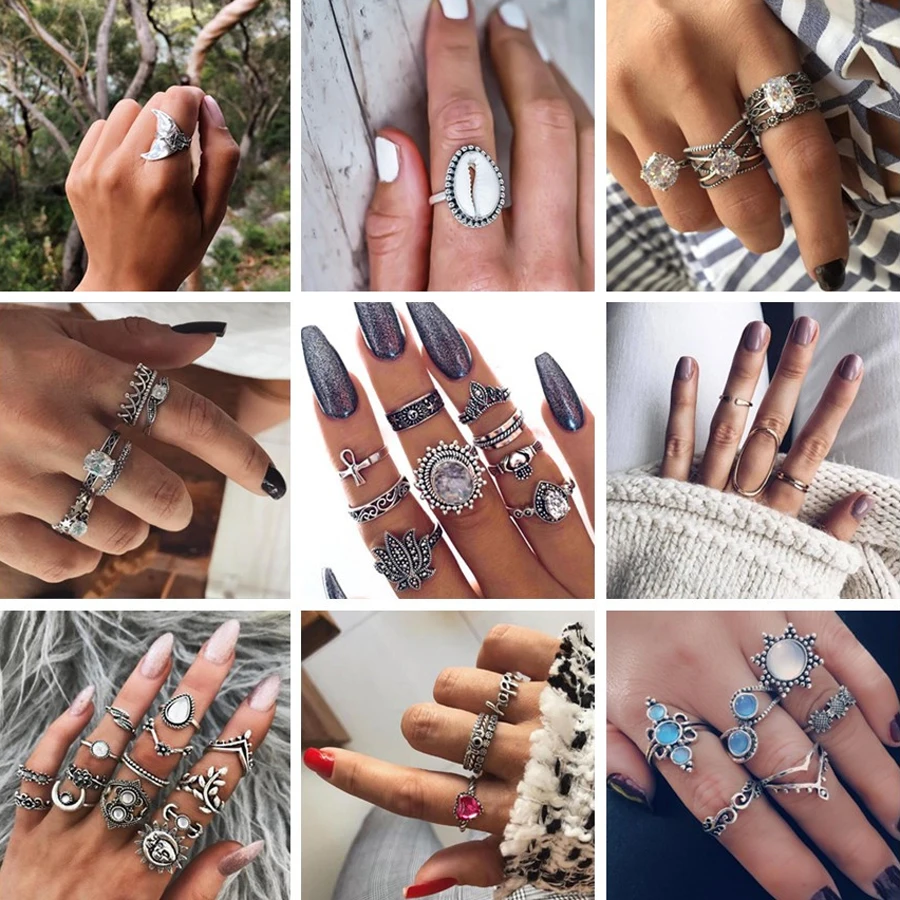 

docona Vintage Silver Shell Tail Flower Ring Set for Women Metal Geometric Knuckle Midi Ring Set Bohemian Jewelry Anillos