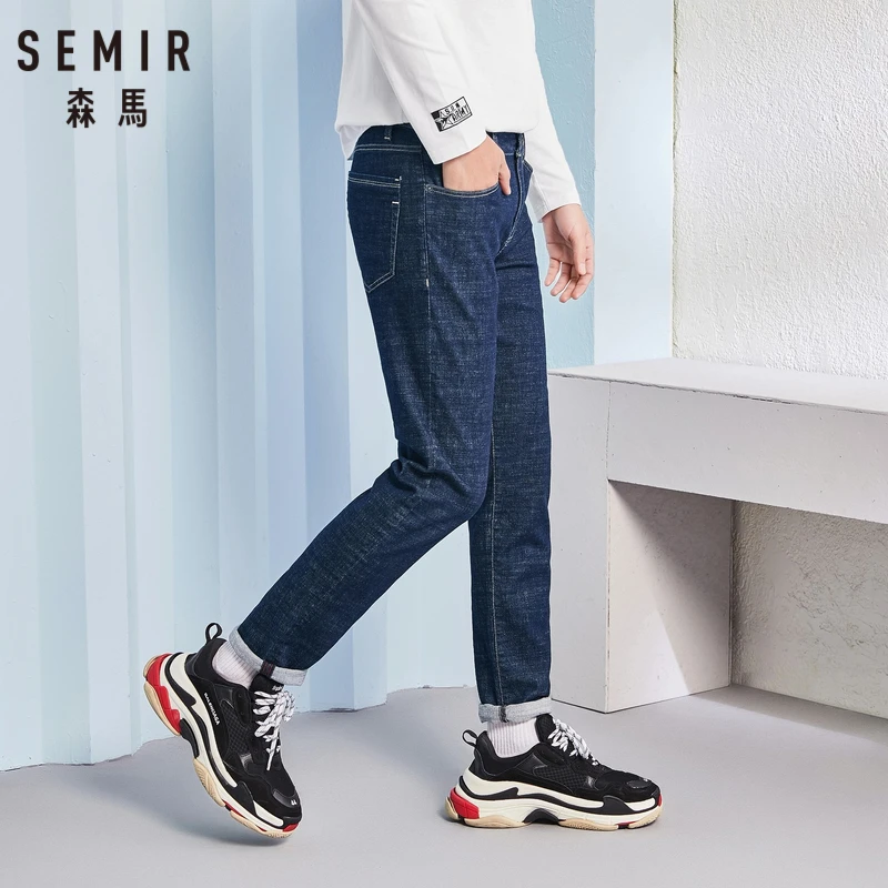 

SEMIR Men Retro Jeans in Washed Denim with Side Pocket Men's Slim Fit Cotton Jeans with Zip Fly with Button for Spring Autumn
