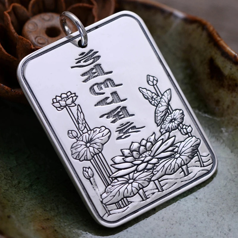

999 Sterling Silver Six Words Pendant Vintage Style Lotus Engraved Mantra Scripture Om Mani Padme Hum Jewelry Wholesale