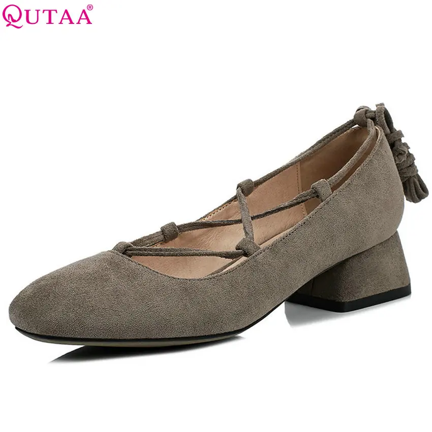 

QUTAA 2018 Fashion Women Pumps Lace Up Solid Square Toe Spring and Autumn Shoes Square Heel Casual Women Pumps Szie 33-43