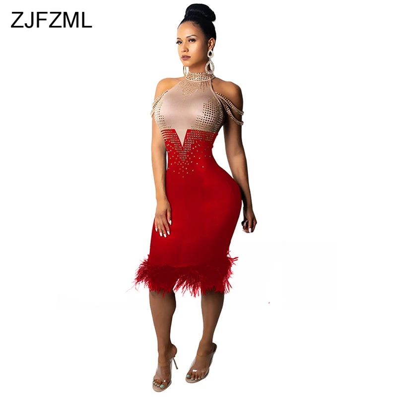 

ZJFZML Sparkly Rhinestones Sexy Bodycon Dress Women Off The Shoulder Feather Design Sheath Dress Elegant Turtleneck Midi Vestido