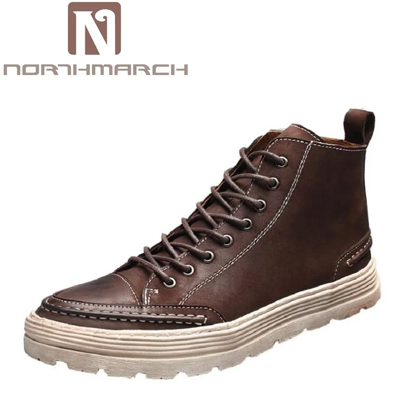 

NORTHMARCH Men Ankle Boots Fashion Autumn Footwear Genuine Leather Mens Shoes Lace Up Casual New Short Boot Brown Bota Militar