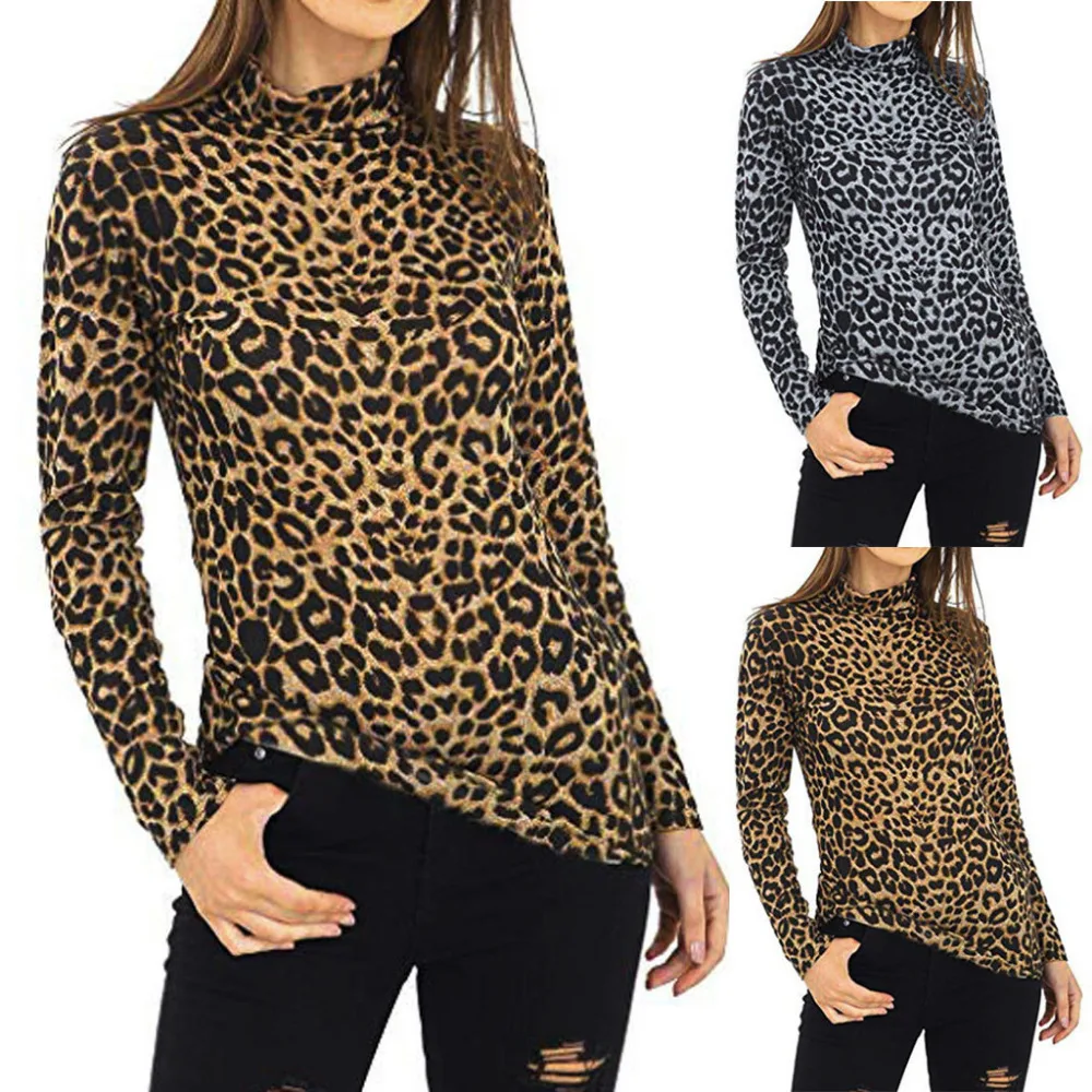 

2019 HOT Selling Women Leopard Print Casual Turtle Roll Neck T Shirt Jumper Top Bottom Dec27