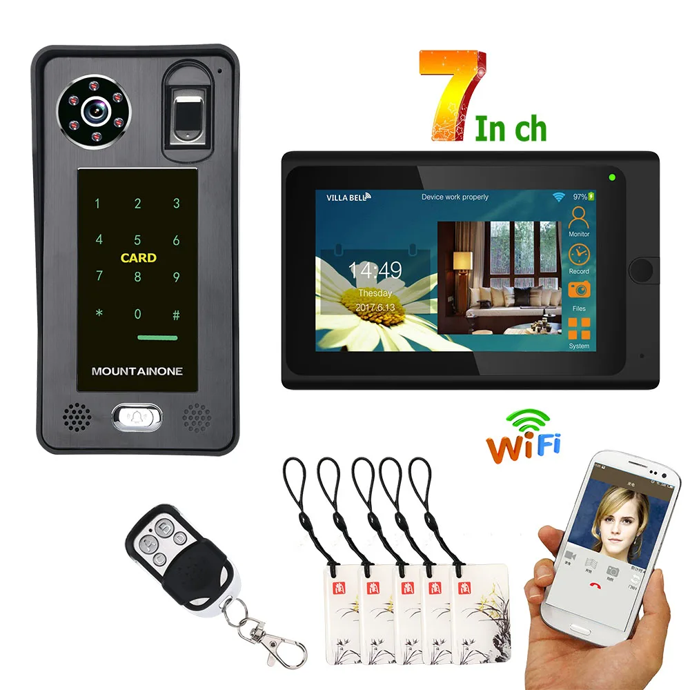 7inch Wired Wifi Fingerprint IC Card Video Door Phone Doorbell Intercom System with Door Access Control System with IR-cut Cam