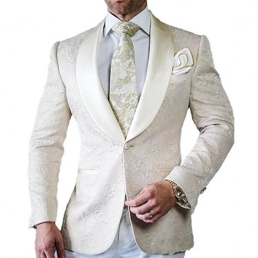 New Designs Men Suits Ivory Jacquard Groom Tuxedos Shawl Lapel Wedding ...