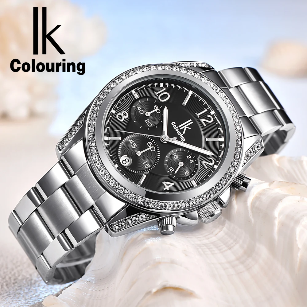 

IK Colouring Ladies Quartz Watches Crystal Studded Case Japan Movement 3ATM Waterproof Female Clock Auto Date Montre Femme