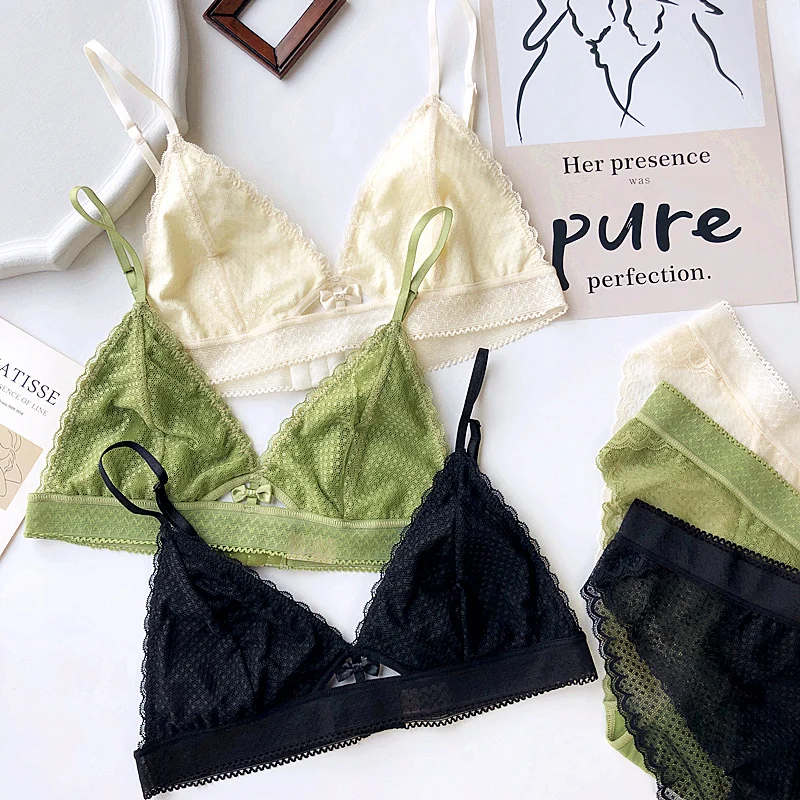 

2019 New Women Wire Free ultra-thin Bra Set hollow out Underwear Brassiere transparent panties Lingerie Sexy Lace cotton Bra Set