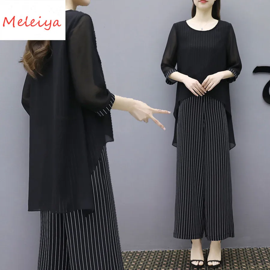 

2019 New Women Summer Suits Two Piece Pant Set Loose Elegant Chiffon Tops and Wide Leg Pants 2 Piece Set Women