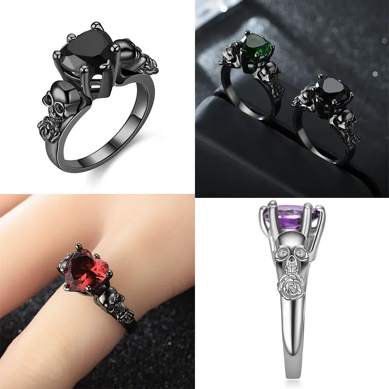

Vintage Gothic Skull Rose Color Rings for Women Girl Fashion Engagement Heart Crystal Ring Jewelry Gift