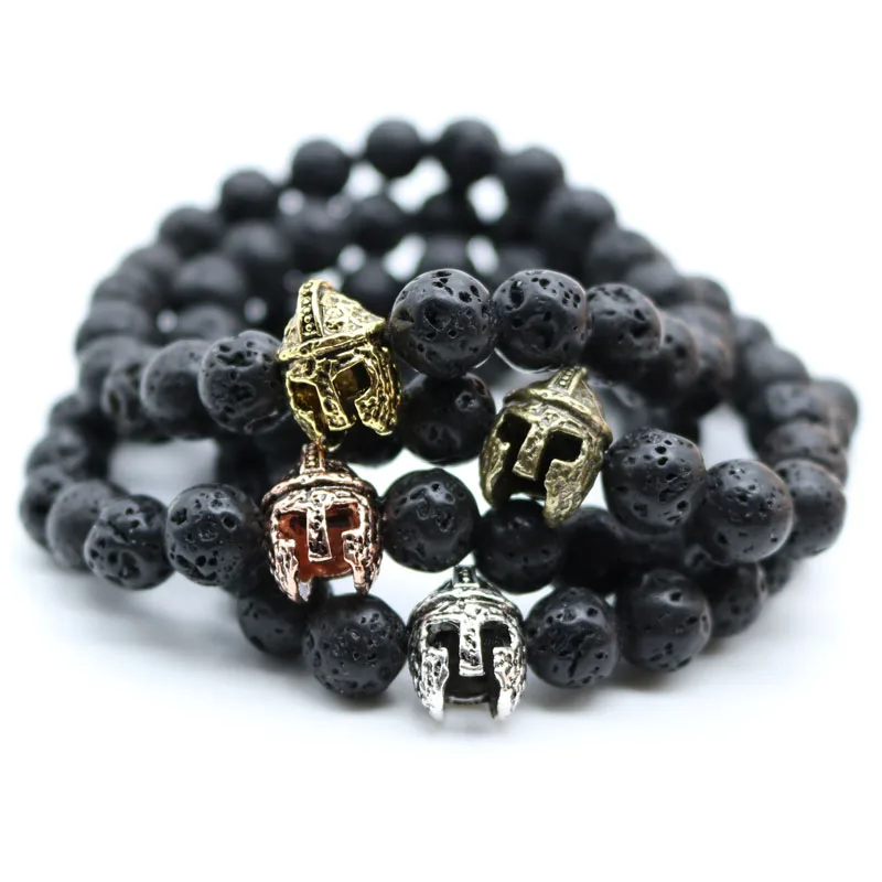 Antique Gold Plated Roman Warrior Gladiator Helmet Bracelet Men Black Lava Rock Stone Bead Bracelets For Men Pulseras  N0-2