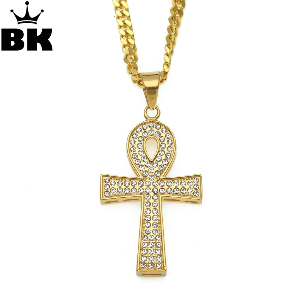 Hip Hop Stainless Steel Big Ankh Pendants Necklace Iced Out 2 ROW Rhinestone Key of Life Charm Pendant Jewelry | Украшения и