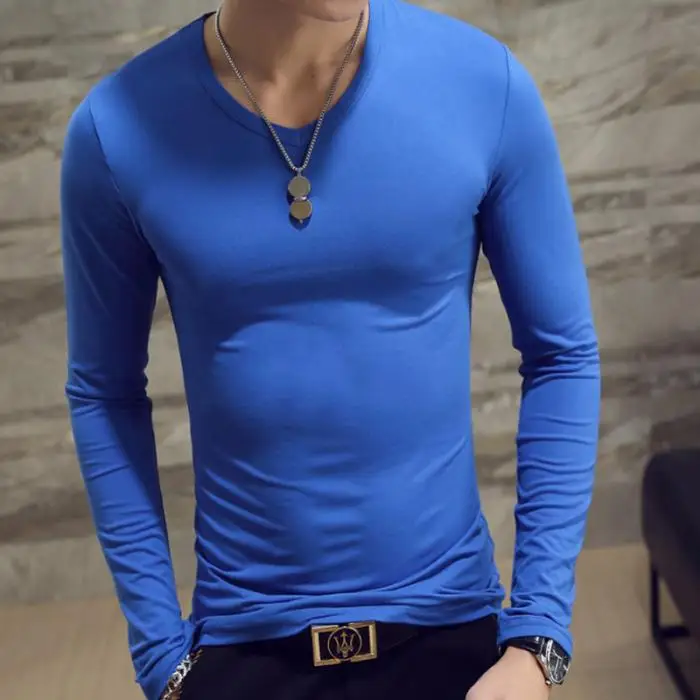 Men Autumn T-shirts Long Sleeves V Neck Pullover Slim Fit Casual Minimalist Male Tops XIN-Shipping