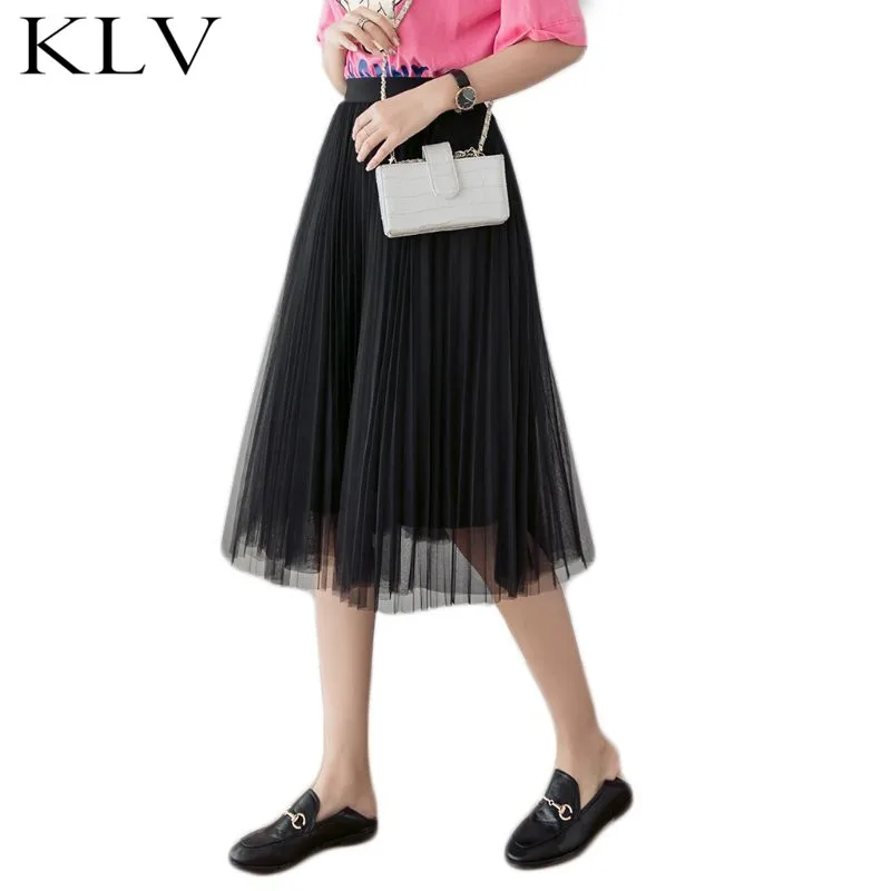 

Womens High Waist Layered Mesh Pleated Knee Length A-Line Skirt Pleated Tulle Korean Plain Solid Color Fancy Casual Party