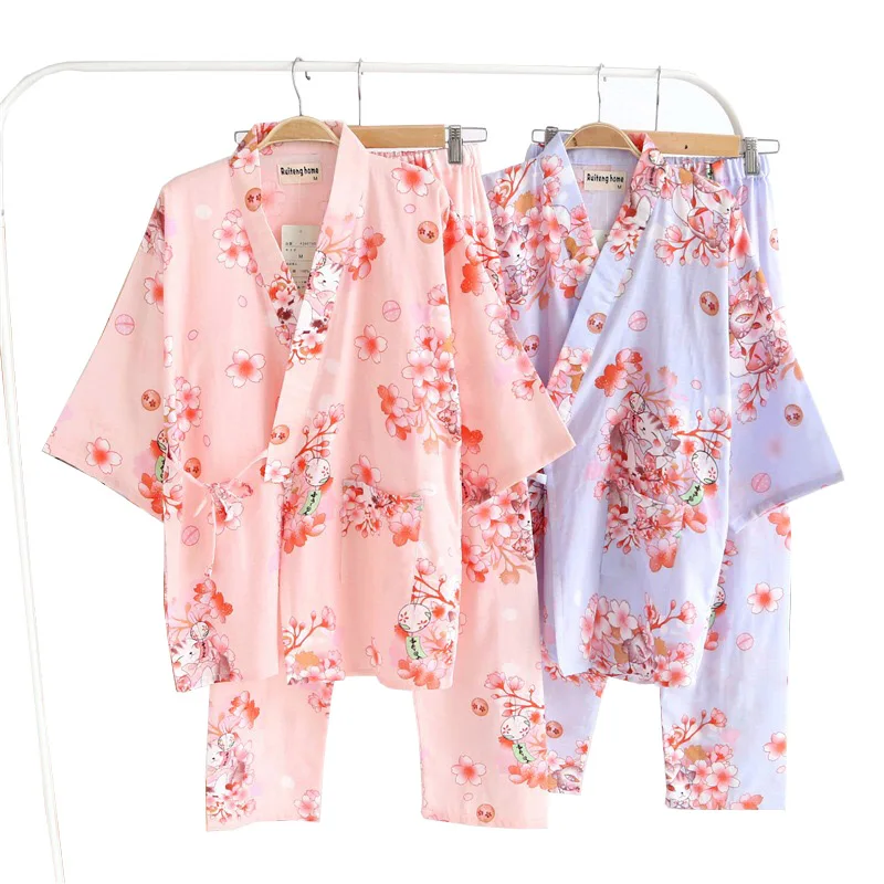 

Summer Ladies Pajama Set Floral Printed Gauze Cotton Breathable Top+Pants 2Pcs Set Women Loose Kimono Sleepwear Female Homewear