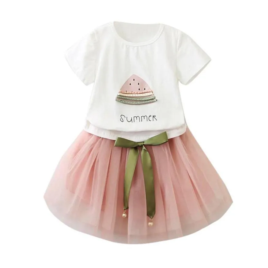 

Mother nest Summer Toddler Kids Baby Girls Clothes Outfit Set Short Sleeve Print T-Shirt Bow Short Skirt Baby Clothing 2Pcs D40