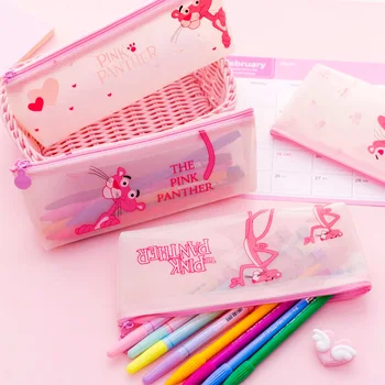 

PVC Transparent Pencil Case Cartoon Fresh Love Pink Leopard pencilcase student large capacity stationery bag office supplies 1pc