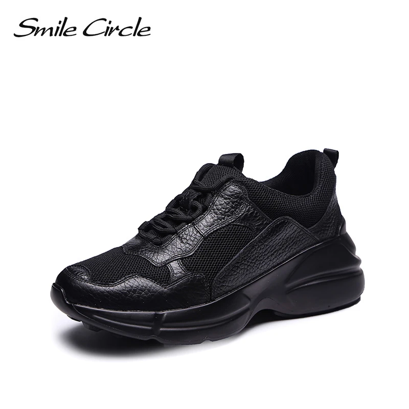 Ninguna gas gravedad Sneakers de cuero genuino con Círculo de sonrisa, zapatos de plataforma  plana de malla transpirable para mujer, zapatos casuales con cordones,  zapatillas negras|Zapatos vulcanizados de mujer| - AliExpress