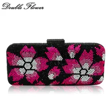 Двойной цветок черный кристалл фуксия цветочный Для женщин Вечерний Клатч Футляр Свадебная вечеринка сумки свадебный кошелек дамы клатчи