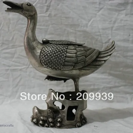 

00899 Chinese Folk Culture HandMade Silver Bronze statue Duck fresh water Sculpture