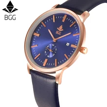BGG Brand Genuine Leather Strap Watch Super Thin Design Casual Complete Calendar Wristwatch Men Sports Gift Male Business Clock