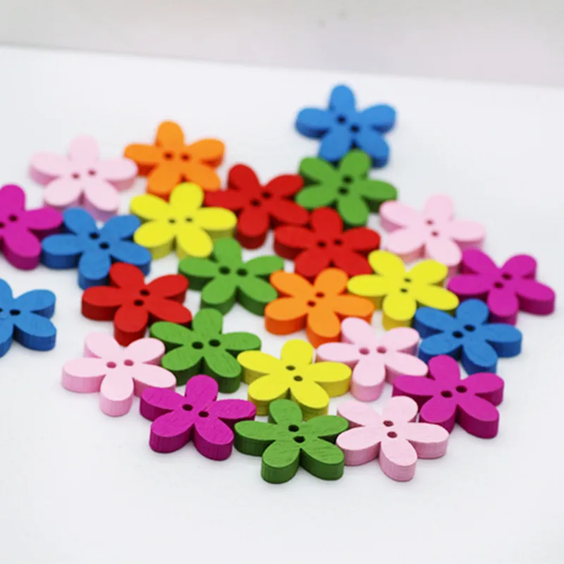 

50pcs/lot Lovely Flower Style Mixed Colors 2 Holes Wood Buttons Sewing DIY Craft Decorative Painting Wood Buttons 2 Sizes