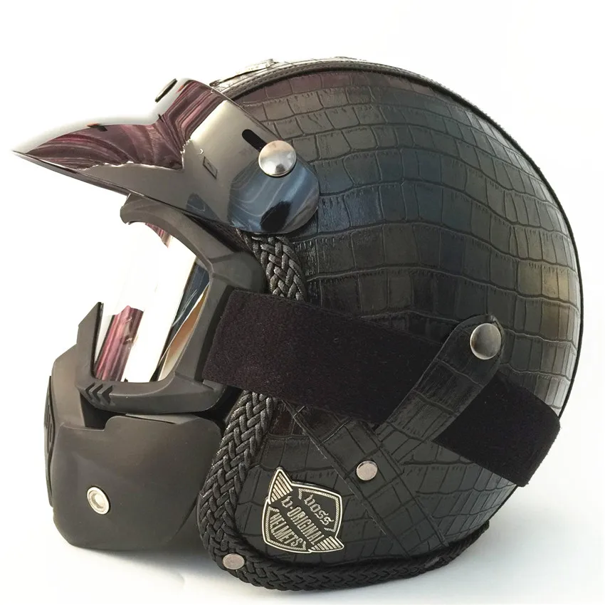 

Free shipping PU Leather Harley Helmets 3/4 Motorcycle Chopper Bike helmet open face vintage motorcycle helmet with goggle mask