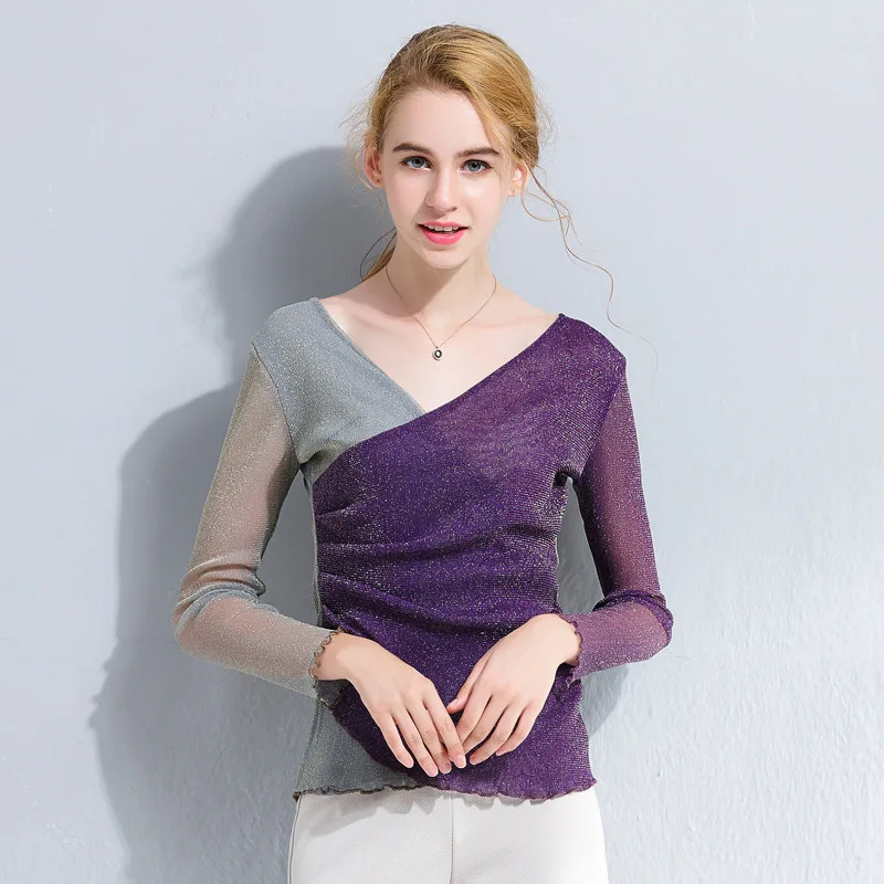 Women T-shirt Slim pure autumn Long sleeve Mesh Contrast color V-neck Sexy T-shirt Women Women T-shirt Slim pure autumn Long sleeve Mesh Contrast color V-neck Sexy T-shirt Women