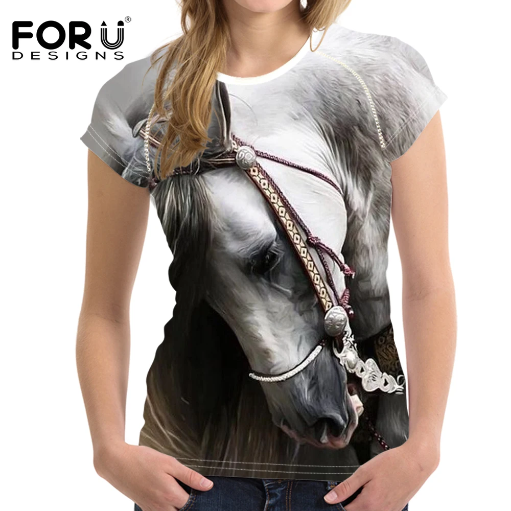 FORUDESIGNS/женские футболки с 3D принтом животных Crazy Horse, новинка, топ с коротким рукавом, одежда для девочек-подростков, футболка с круглым вырезом