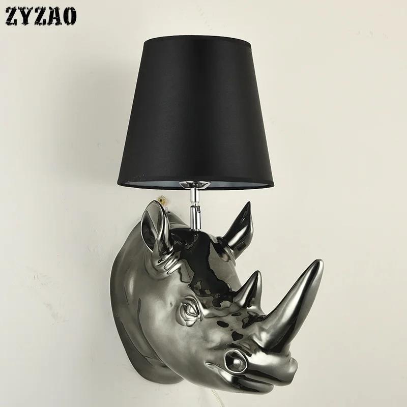 

American Country Rhinoceros Head Wall Lamp Living Room Home Deco Bedroom Bedside Wall Light Bar Creative Bathroom Light Wandlamp