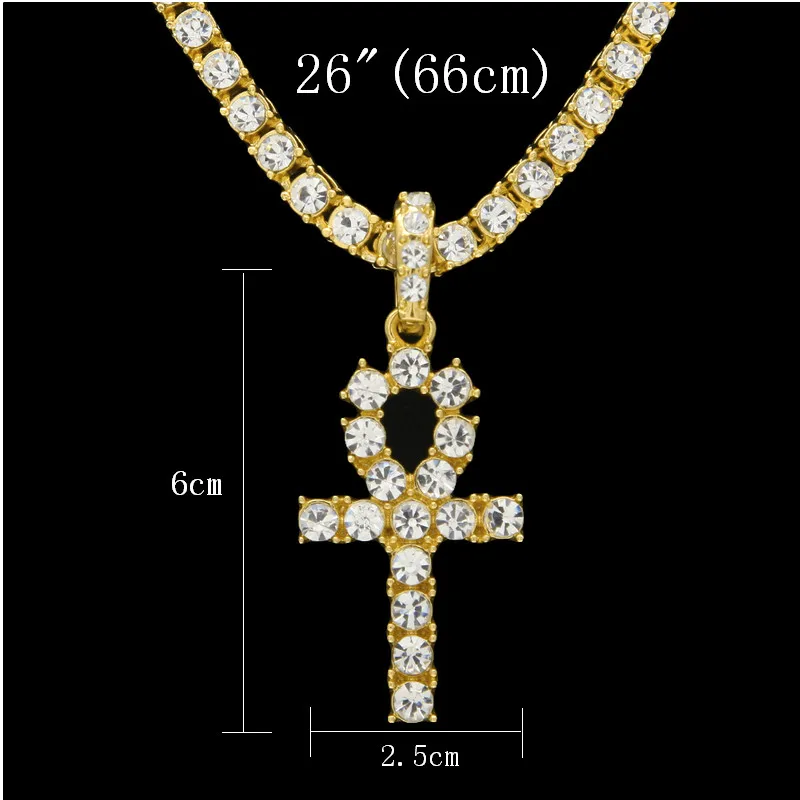 UWIN ожерелье АНК Египетские украшения хип-хоп стиль Iced Out Bling Стразы ключ к жизни египетский крест кулон с теннисными цепями - Окраска металла: 26inch chain gold