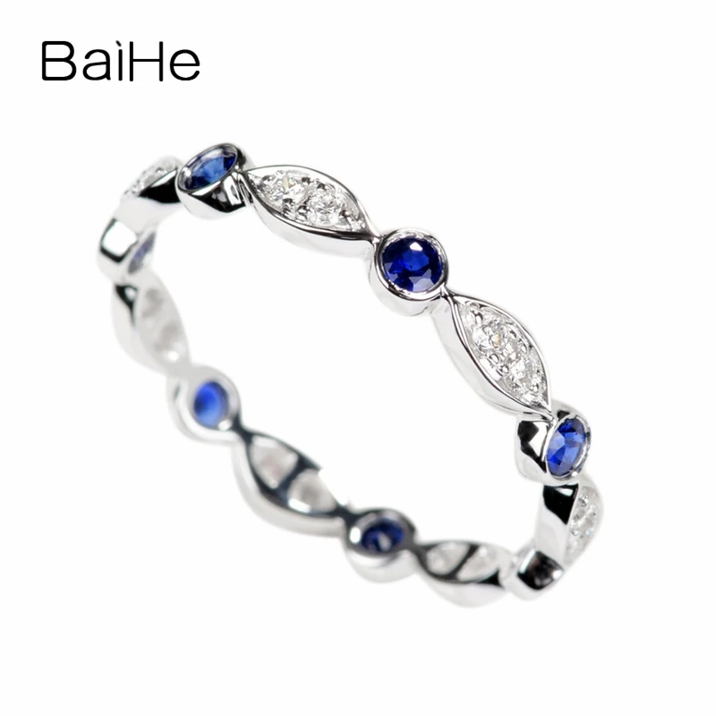 

BAIHE Solid 14K White Gold 0.17ct H/SI Round Natural Diamonds Sapphires/Rubys Fine Jewelry Wedding Gift Trendy simple Ring