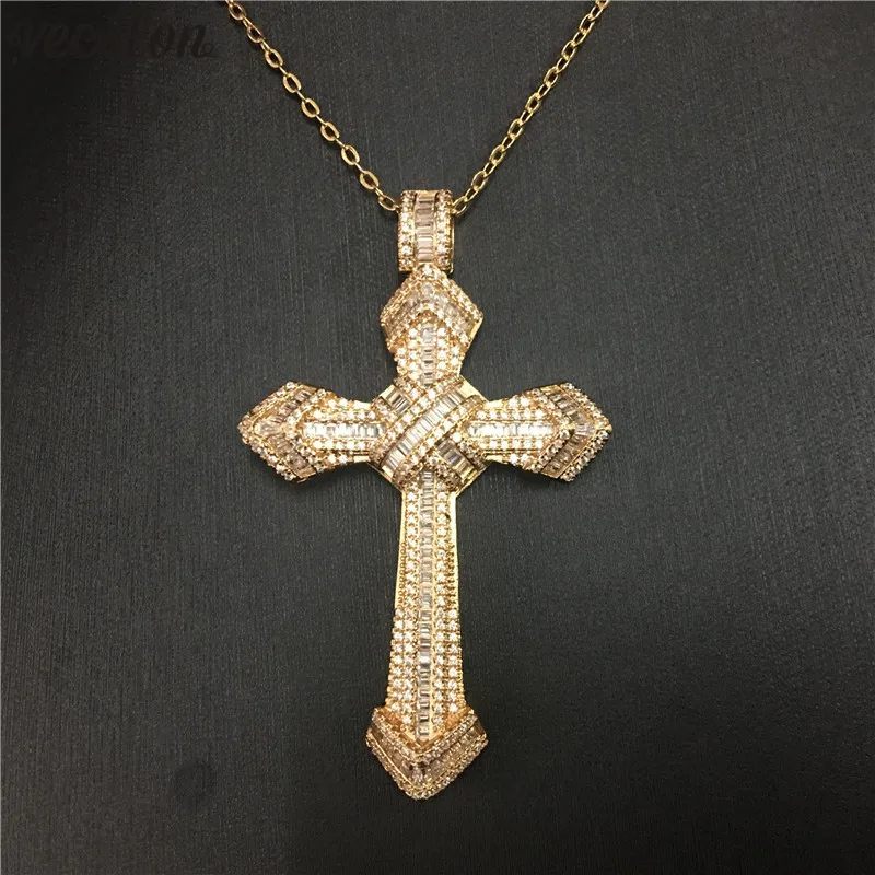 

Vecalon Fashion Big Cross pendant Gold Color 925 silver AAAAA Cz Party Wedding Pendants with necklace for Women Men Jewelry Gift