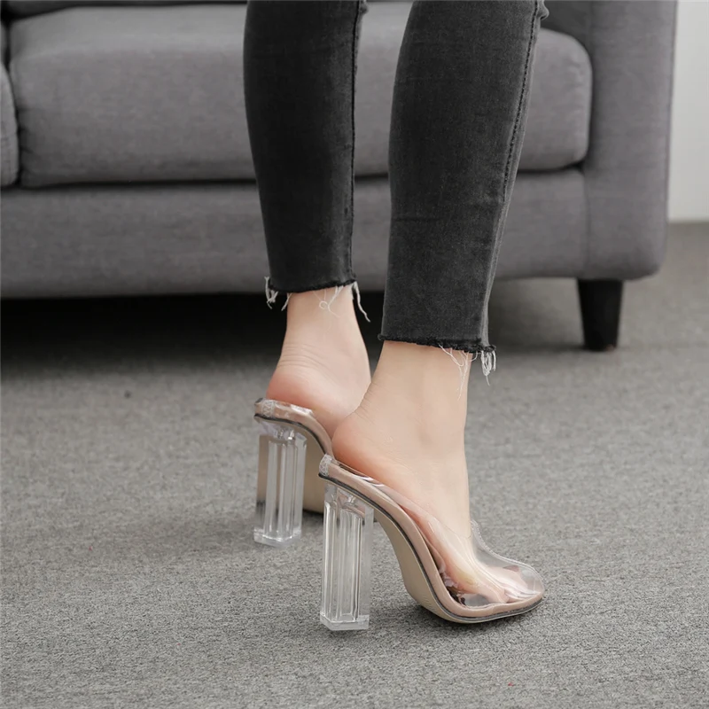 Летние женские туфли на высоком каблуке 11,5 см с острым носком, прозрачные Шлепанцы из ПВХ с прозрачными блочными каблуками, женские Фетиш-шлепанцы, туфли с ремешком на пятке