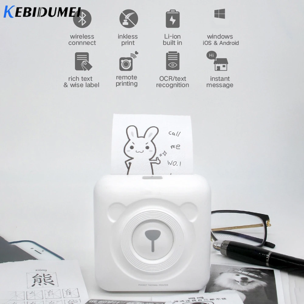 

KEBIDU Portable Thermal Bluetooth Printer Mini Wireless POS Thermal Picture Photo Printer for Android IOS Mobile Phone