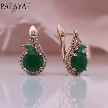 

PATAYA 618 Promotion New Green Earrings 585 Rose Gold Round Natural Zircon Women Party Dangle Earrings Horse Eye Fashion Jewelry