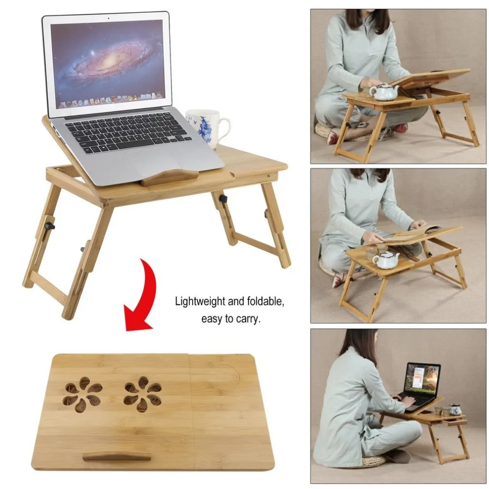 Classical Bamboo Computer Foldable Bed Office Sofa Laptop Stand Desk With Double Cooling Fan Drawer Adjustable Notebook Table