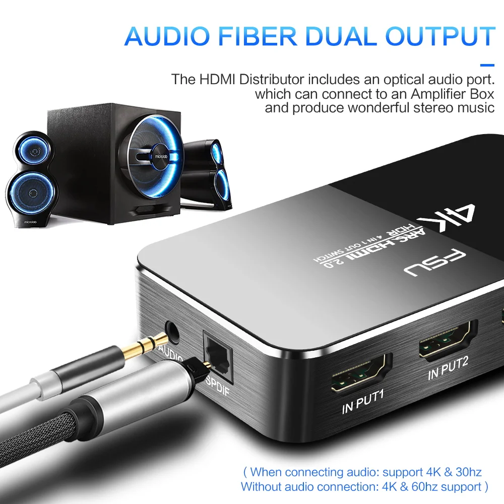 HDMI Switch 2.0 4K 60HZ HDR HDMI Splitter Switch 4 In 1 Out HDMI Switcher Audio Extractor ARC & IR Control For PS3 PS4 HDTV