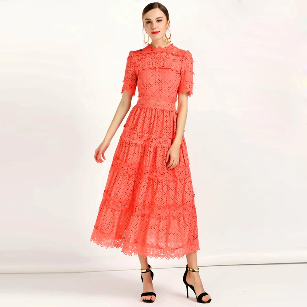 

Red RoosaRosee Fashion Runway Dress Summer Women Dress Short sleeve Floral Embroidery Hollow Out Elegant Vestidos Robe Femme